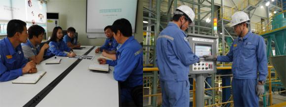 (왼쪽 사진) 포스코켐텍 행정혁신그룹 직원들이 현장과 외주 파트너사를 방문해 제안활동을 지원하는 찾아가는 혁신 서비스 모습.
(오른쪽 사진) 포스코켐텍 직원들이 현장 설비를 살피며 제안활동을 수행하는 모습.