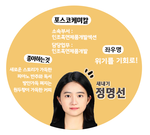 새내기 정명선 | 포스코케미칼 소속부서: 인조흑연제품개발섹션 / 담당업무: 인조흑연제품개발 / 좋아하는 것: 새로운 스토리가 가득한 피아노 반주와 독서, 방안가득 퍼지는 원두향이 가득한 커피 / 좌우명: 위기를 기회로!
