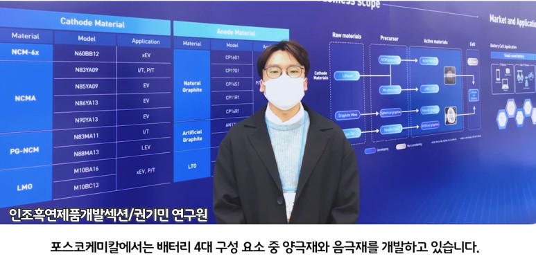 인조흑연제품개발섹션/권기민 연구원: 포스코케미칼에서는 배터리 4대 구성 요소 중 양극재와 음극재를 개발하고 있습니다.