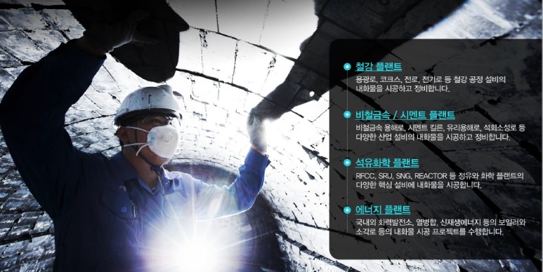 철강 플랜트: 용광로, 코크스, 전로, 전기로 등 철강 공정 설비의 내화물을 시공하고 정비합니다. | 비철금속/시멘트 플랜트: 비철금속 용해로, 시멘트 킬른, 유리용해로, 석회소성로 등 다양한 산업 설비의 내화물을 시공하고 정비합니다. | 석유화학 플랜트: RFCC, SRU, SNG, REACTOR 등 정유와 화학 플랜트의 다양한 핵심 설비에 내화물을 시공합니다.