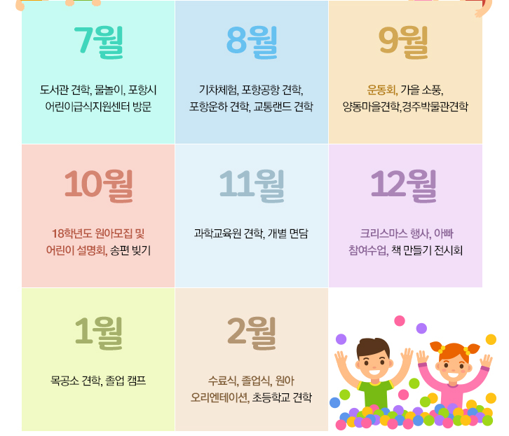 7월 도서관 견학, 물놀이, 포항시 어린이급식지원센터 방문 / 8월 기차체험, 포항공항 견학, 포항운하 견학, 교통랜드 견학 / 9월 운동회, 가을 소풍, 양동마을견학, 경주박물관견학 / 10월 18학년도 원아모집 및 어린이 설명회, 송편 빚기 / 11월 과학교육원 견학, 개별 면담 / 12월 크리스마스 행사, 아빠 참여수업, 책 만들기 전시회 / 1월 목공소 견학, 졸업 캠프 / 2월 수료식, 졸업식, 원아 오리엔테이션, 초등학교 견학