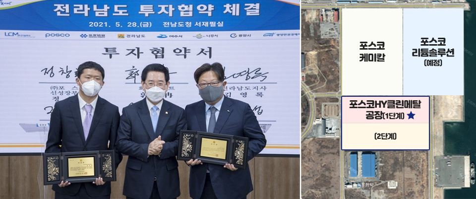 2021년 5월 28일, 포스코HY클린메탈과 전라남도 '이차전지 친환경 리사이클링(재활용) 사업' 관련 투자협약식 모습(왼쪽)