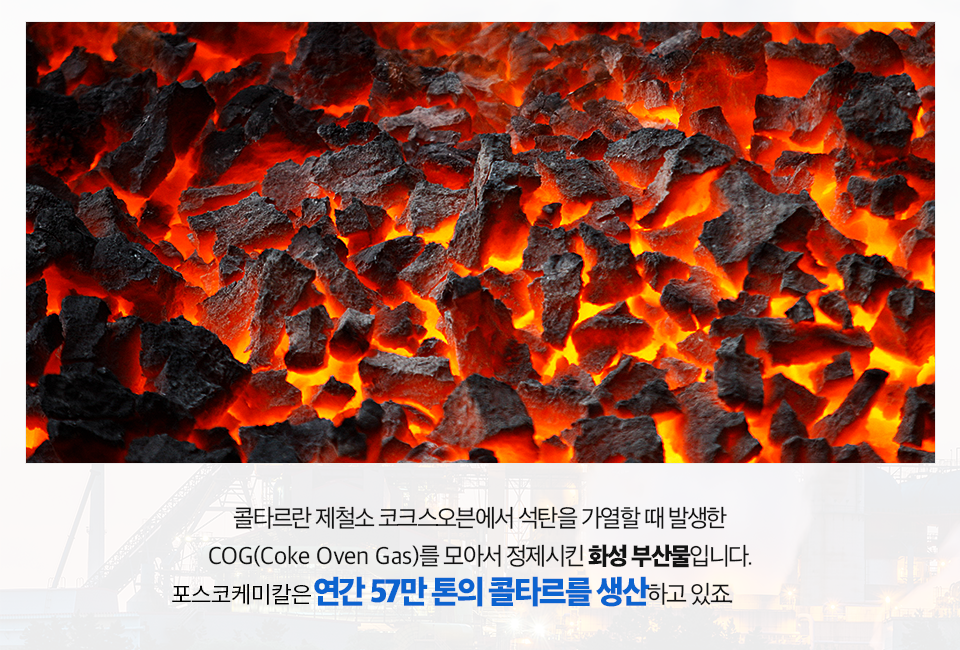 콜타르란 제철소 코크스오븐에서 석탄을 가열할 때 발생한 COG(Coke Oven Gas)를 모아서 정제시킨 화성 부산물입니다. 포스코케미칼은 연간 57만 톤의 콜타르를 생산하고 있죠