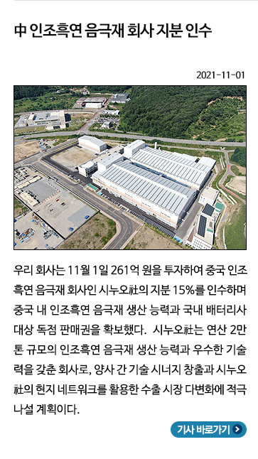 11월) 中 인조흑연 음극재 회사 지분 인수: 우리 회사는 11월 1일 261억 원을 투자하여 중국 인조 흑연 음극재 회사인 시누오의 지분 15%를 인수하며 중국 내 인조흑연 음극재 생산 능력과 국내 배터리사 대상 독점 판매권을 확보했다. 시누오는 연산 2만톤 규모의 인조흑연 음극재 생산 능력과 우수한 기술력을 갖춘 회사로, 양사 간 기술 시너지 창출과 시노오의 현지 네트워클 활용한 수출 시장 다변화에 적극 나설 계획이다.