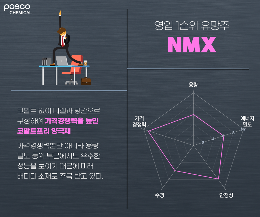 영입 1순위 유망주 NMX: 코발트 없이 나켈과 망간으로 구성하여 가격경쟁력을 높인 코발트프리 양극재