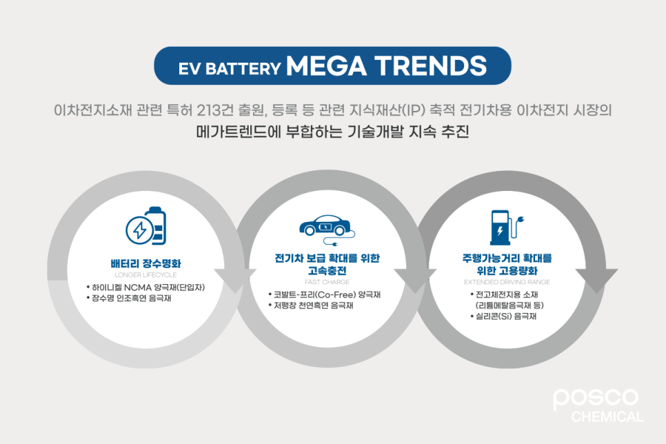 EV BATTERY MEGA TRENDS 이차전지소개 관련 특허 213건 출원, 등록 등 관련 지식재산(IP) 축적 전기차용 이차전지 시장의 메가트렌드에 부합하는 기술개발 지속 추진
