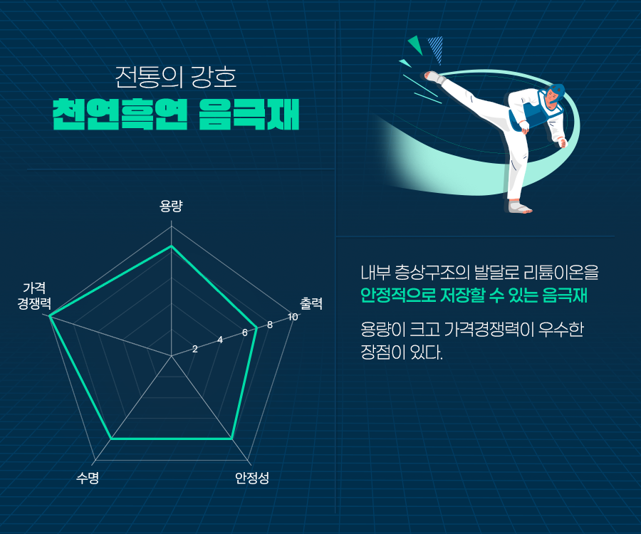 전통의 강호 천연흑연 내부 층상구조의 발달로 리튬이온을 안정적으로 저장할 수 있는 음극재 용량이 크고 가격경쟁력이 우수한 장점이 있다.