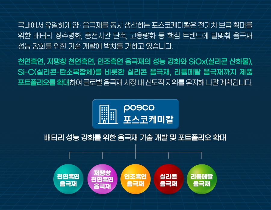 국내에서 유일하게 양.음극재를 동시 생산하는 포스코케미칼은 전기차 보급확대를 위한 배터리 장수명화, 충전시간 단축, 고용량화 등 핵심 트렌트에 발맞춰 음극재 성능 강화를 위한 기술 개발에 박차를 가하고 있습니다. 천연흑연, 저팽창 천연흑연, 인조흑연, 음극재의 성능 강화와SiOx(실리콘산화물),Si-C(실리콘-탄소복합체)를 비롯한 실리콘 음극재,  리튬메탈 음극재까지 제품 포트폴리오를 확대하여 글로벌 음극재 시장 내 선도적 지위를 유지해 나갈 계획입니다. 베터리 성능 강화를 위한 음극재 기술 개발 및 포트폴리오 확대 천연흑연음극재 , 저팽창천연흑연음극재,음조흑연음극재,실리콘음극재,리튬메칼음극재