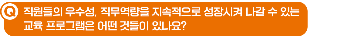 Q. 직원들의 우수성, 직무역량을 지속적으로 성장시켜 나갈 수 있는 교육 프로그램은 어떤 것들이 있나요?