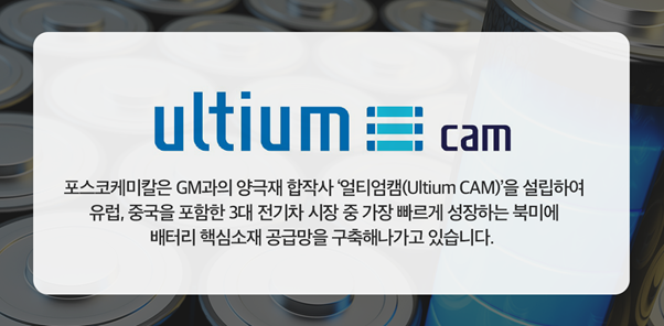 ultium cam: 포스코케미칼은 GM과의 양극재 합작사 얼티엄캠(Ultium CAM)을 설립하여 유럽, 중국을 포함한 3대 전기차 시장 중 가장 빠르게 성장하는 북미에 배터리 핵심소재 공급망을 구축해나가고 있습니다.