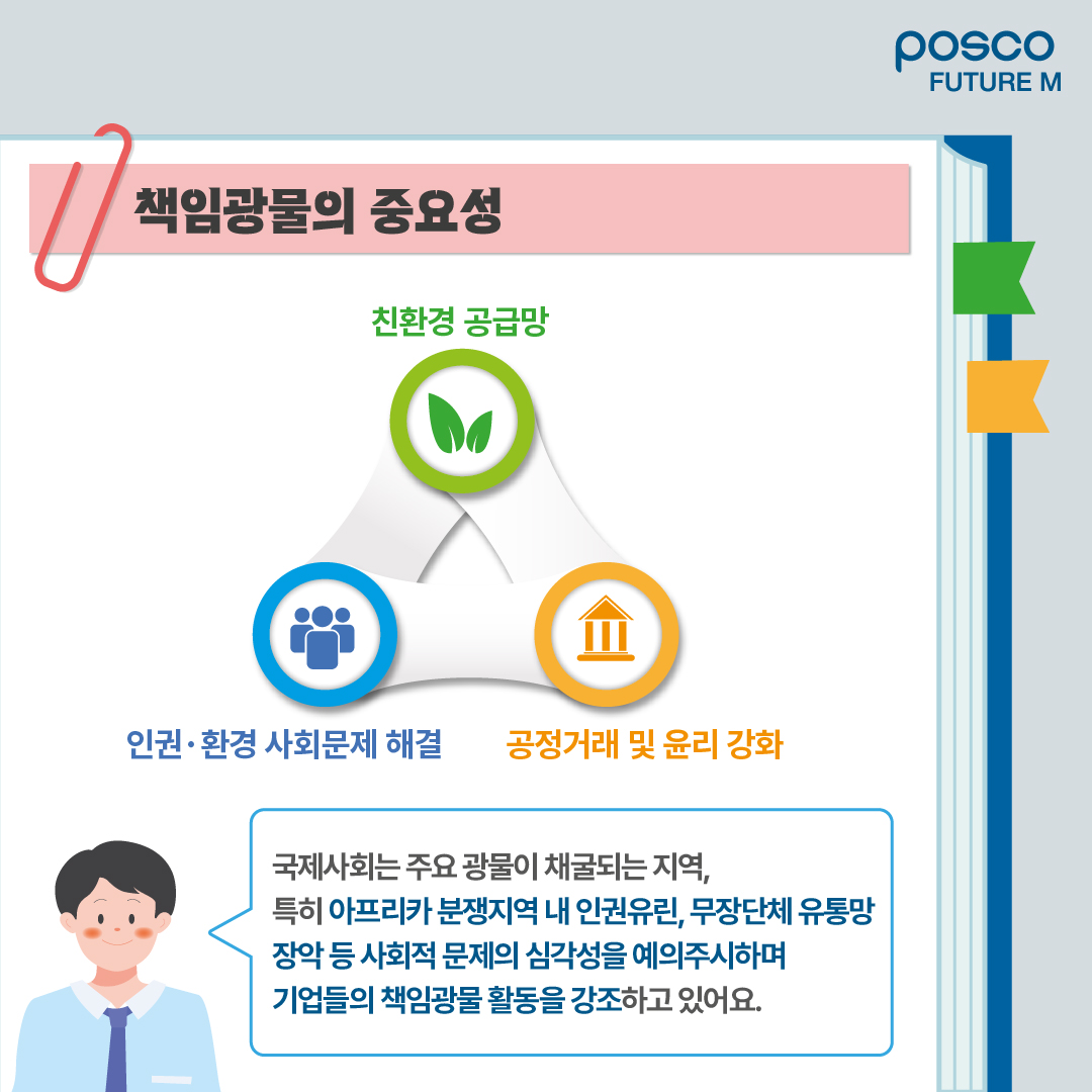 책임광물의 중요성: 국제사회는 주요 광물이 채굴되는 지역, 특히 아프리카 분쟁지역 내 인권유린, 무장단체 유통망 장악 등 사회적 문제의 심각성을 예의주시하며 기업들의 책임광물 활동을 강조하고 있어요.