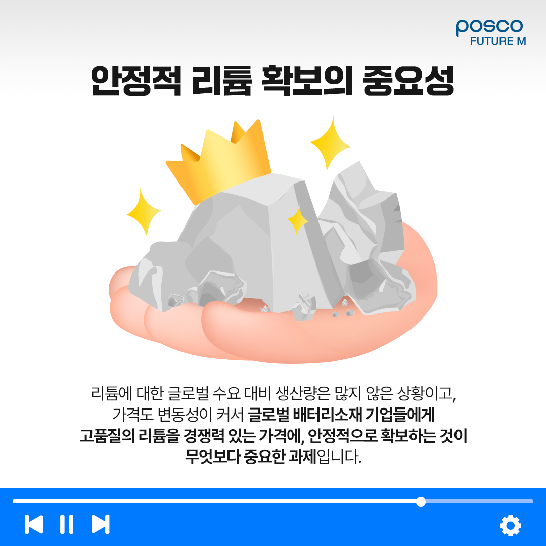 안정적 리튬 확보의 중요성: 리튬에 대한 글로벌 수요 대비 생산량은 많지 않은 상황이고, 가격도 변동성이 커서 글로벌 배터리소재 기업들에게 고품질의 리튬을 경쟁력 있는 가격에, 안정적으로 확보하는 것이 무엇보다 중요한 과제입니다.