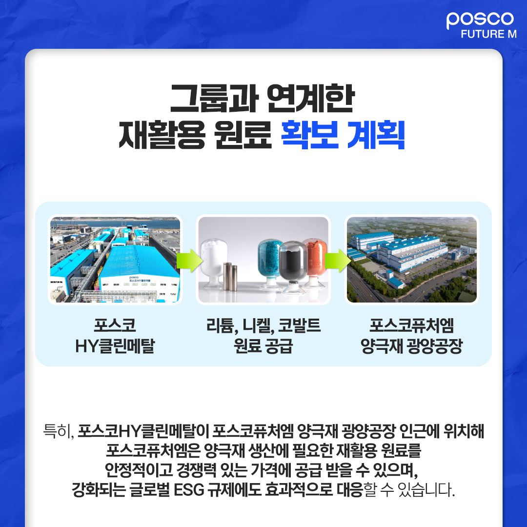 그룹과 연계한 재활용 원료 확보 계획: 포스코HY클린메탈 → 리튬, 니켈, 코발트 원료 공급 → 포스코퓨처엠 양극재 광양공장 / 특히, 포스코HY클린메탈이 포스코퓨처엠 양극재 광양공장 인근에 위치해 포스코퓨처엠은 양극재 생산에 필요한 재활용 원료를 안정적이고 경쟁력 있는 가격에 공급 받을 수 있으며, 강화되는 글로벌 ESG 규제에도 효과적으로 대응할 수 있습니다.