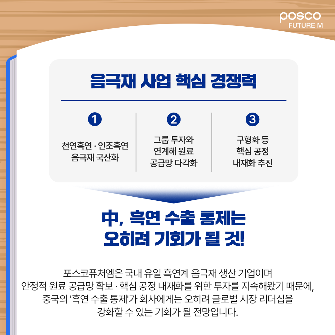 음극재 사업 핵심 경쟁력: ① 천연흑연&middot;인조흑연 음극재 국산화, ② 그룹 투자와 연계해 원료 공급망 다각화, ③ 구형화 등 핵심 공정 내재화 추진 | 中, 흑연 수출 통제는 오히려 기회가 될 것! | 포스코퓨처엠은 국내 유일 흑연계 음극재 생산 기업이며 안정적 원료 공급망 확보&middot;핵심 공정 내재화를 위한 투자를 지속해왔기 때문에, 중국의 흑연 수출 통제가 회사에게는 오히려 글로벌 시장 리더십을 강화할 수 있는 기회가 될 전망입니다.