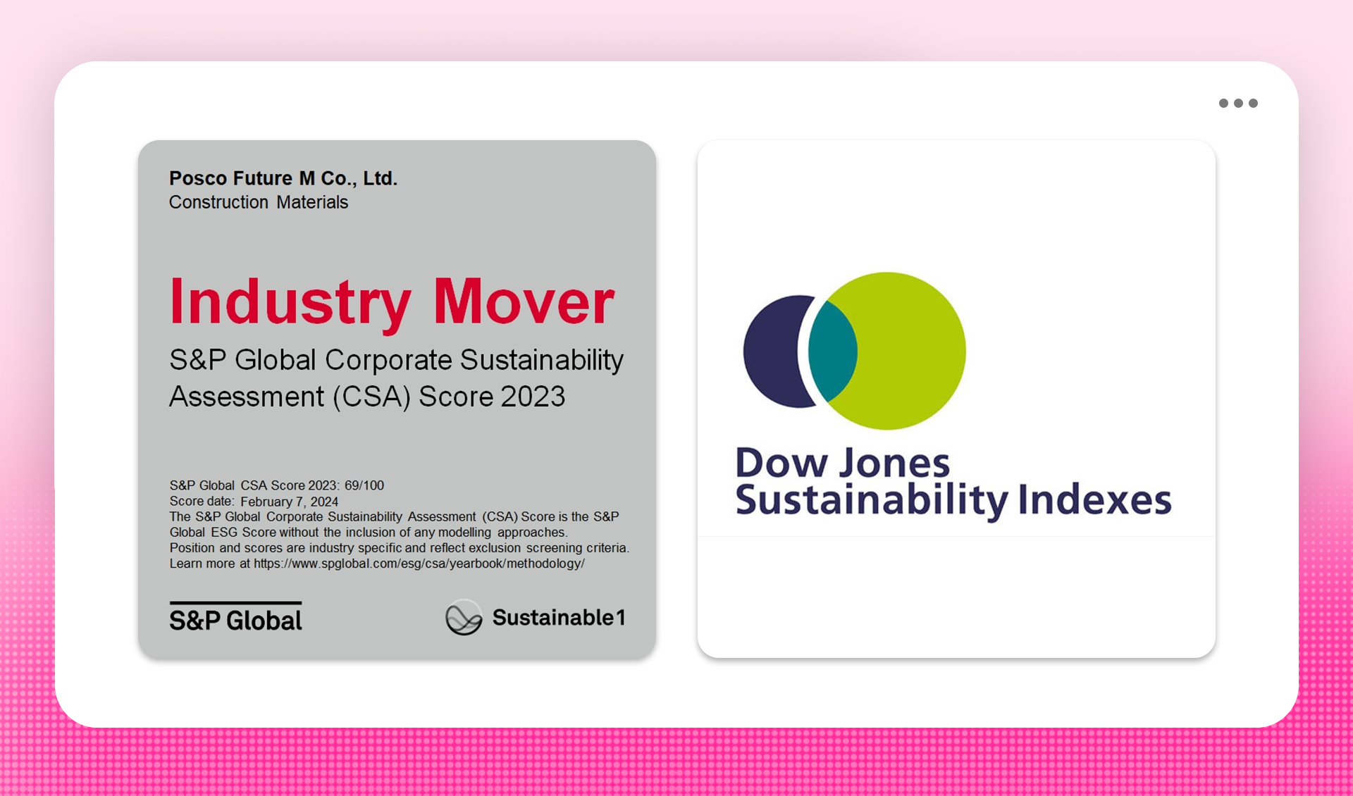 포스코퓨처엠, S&P 글로벌 기업 지속가능성 평가 '인더스트리 무버' 선정 및 'DJSI 아시아퍼시픽' 지수 신규 편입