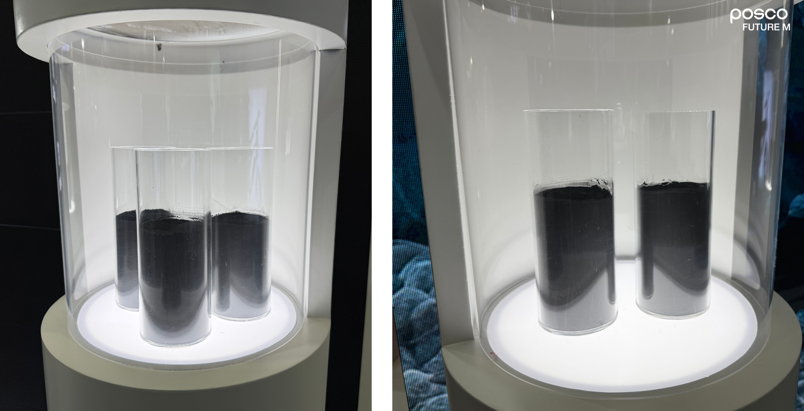 포스코퓨처엠의 차세대 배터리 소재(왼쪽부터 울트라 하이니켈 단결정 양극재, 실리콘 음극재)