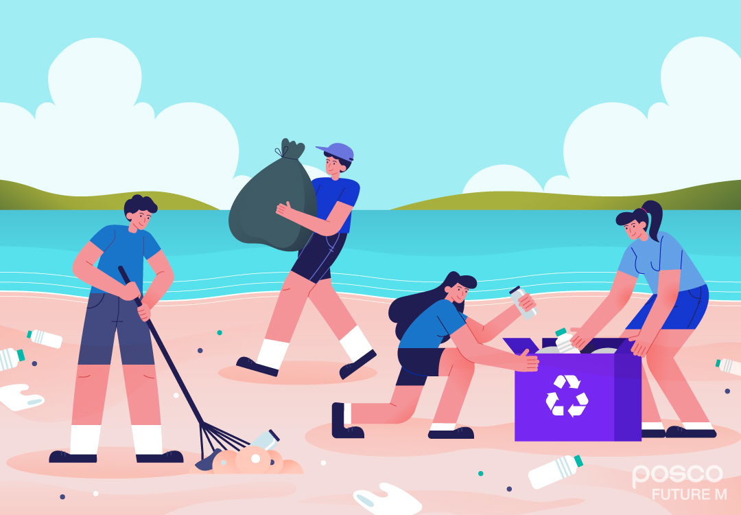 해변가의 쓰레기를 청소하는 모습