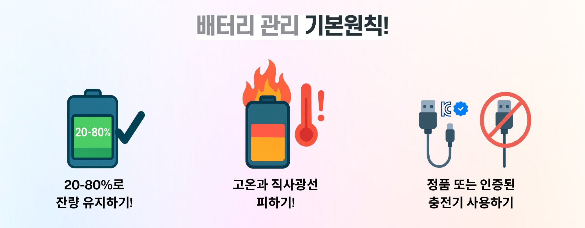 배터리 관리 기본원칙! : 20-80%로 잔량 유지하기!, 고온과 직사광선 피하기!, 정품 또는 인증된 충전기 사용하기