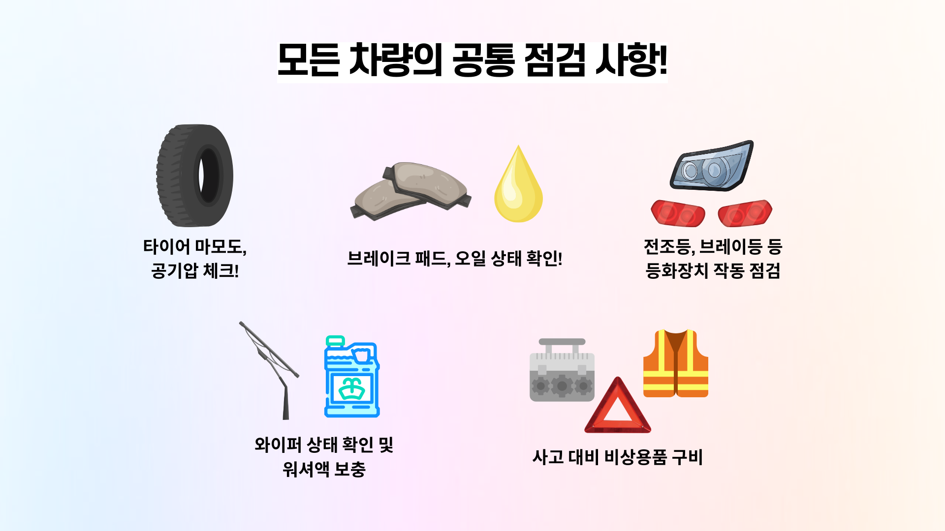 모든 차량의 공통 점검 사항! : 타이어 마모도, 공기압 체크!, 브레이크 패드, 오일 상태 확인!, 전조등, 브레이등 등화장치 작동 점검, 와이퍼 상태 확인 및 워셔액 보충, 사고 대비 비상용품 구비